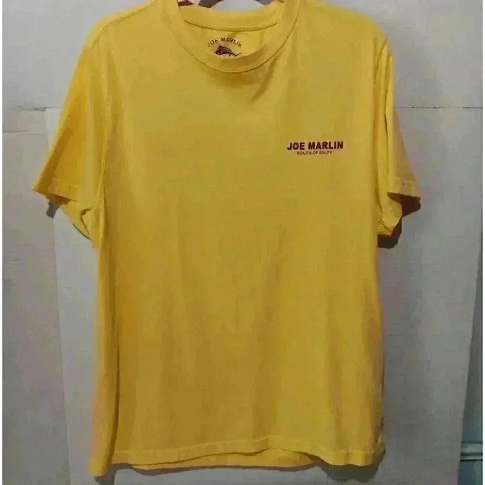 JOE MARLIN UNWIND Yellow Marlin SALTY LOGO Short Sleeve Cotton T-SHIRT MENS LG